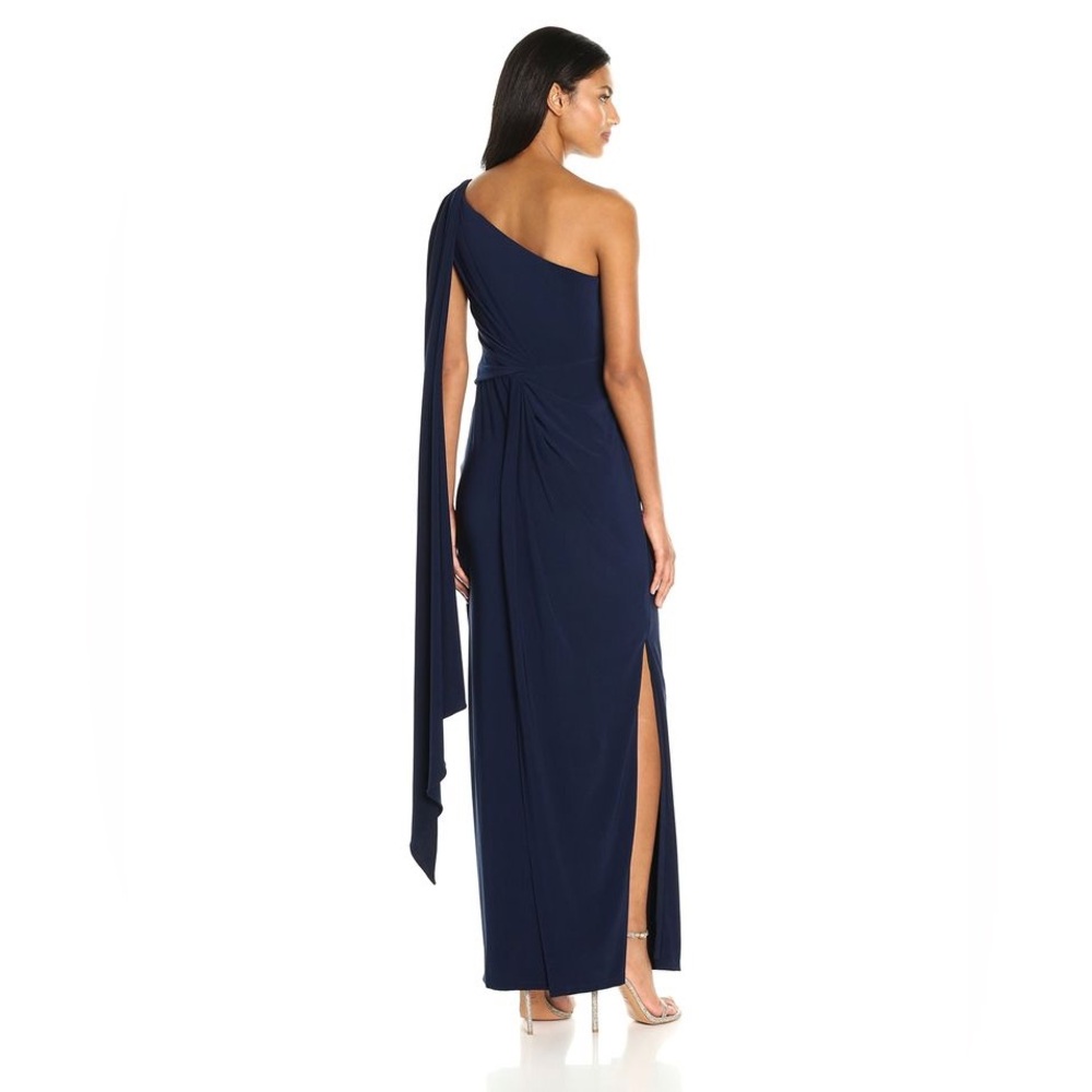 Adrianna Papell Navy Cape-Sleeved Evening Lace Gown One Shoulder Dress Size 6 - Picture 2 of 13